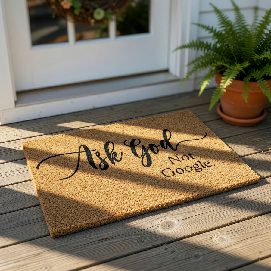 A textured area rug with the phrase "Ask God Not Google" printed on it.