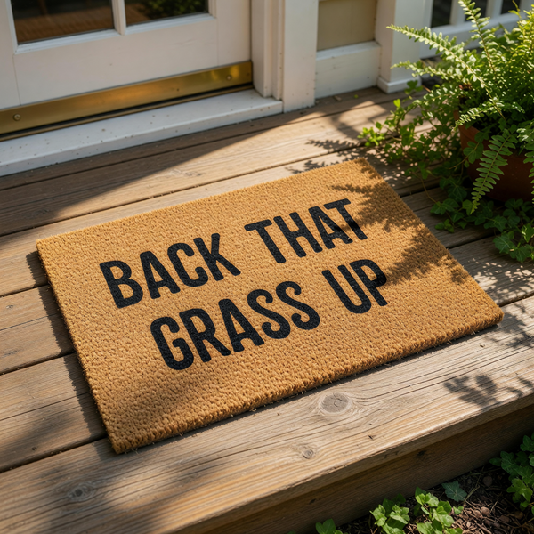 A textured doormat with the phrase "BACK THAT GRASS UP" printed on it.
