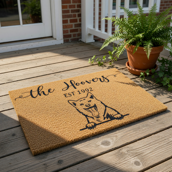 A doormat with a black and white illustration of a dog and the text "The Hoopers EST 1992" printed on it.