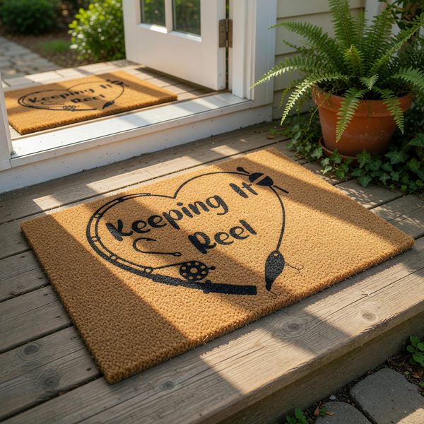 Fishing themed welcome doormat with a heart-shaped fishing rod design and the text Keeping It Reel, this natural coir fiber outdoor rug is a fun front porch decor piece for any fisherman or outdoor enthusiast home entrance.