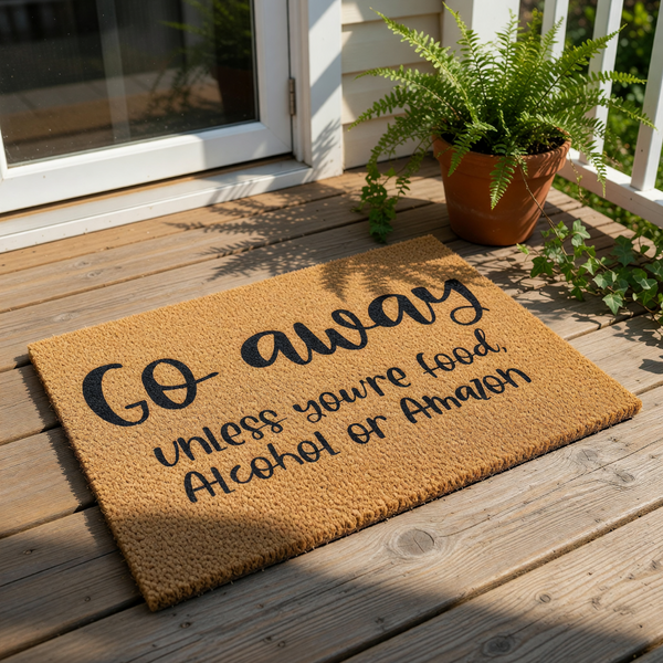 Funny doormat with text Go away unless you are food, alcohol or delivery, this natural coir fiber welcome mat features bold black lettering for a humorous front porch decor piece that makes a great housewarming gift for any home