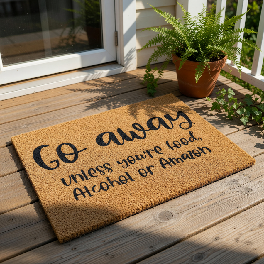 Funny doormat with text Go away unless you are food, alcohol or delivery, this natural coir fiber welcome mat features bold black lettering for a humorous front porch decor piece that makes a great housewarming gift for any home