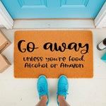 Funny Go Away doormat for front porch, featuring bold black text on a natural coir welcome mat.