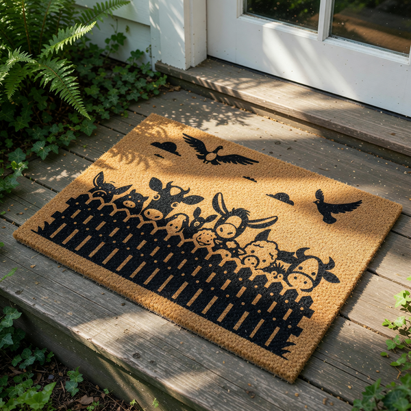 Farm animal doormat featuring a black silhouette of cows, pigs, and sheep peeking over a picket fence on a natural coir welcome mat, perfect for rustic farmhouse porch decor and outdoor entryway floor mats for animal lovers.