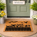 Farm animal doormat featuring a black silhouette of cows, pigs, and sheep peeking over a fence on a natural coir welcome mat, perfect for a rustic farmhouse porch decor entry way with a charming country animal theme for your home.