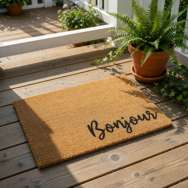 Bonjour coir doormat with a natural fiber texture and black script lettering, this stylish welcome mat for front porch entryways is a durable outdoor floor rug that adds a charming touch to your home decor and entryway floor.