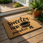 Sweeter Than Pumpkin Pie doormat featuring a festive fall design on natural coir fiber, this autumn welcome mat is a seasonal front porch rug that adds a cozy touch to your home decor for the Thanksgiving holiday and harvest