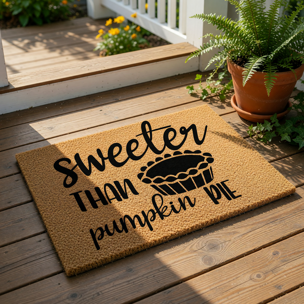 Sweeter Than Pumpkin Pie doormat featuring a festive fall design on natural coir fiber, this autumn welcome mat is a seasonal front porch rug that adds a cozy touch to your home decor for the Thanksgiving holiday and harvest