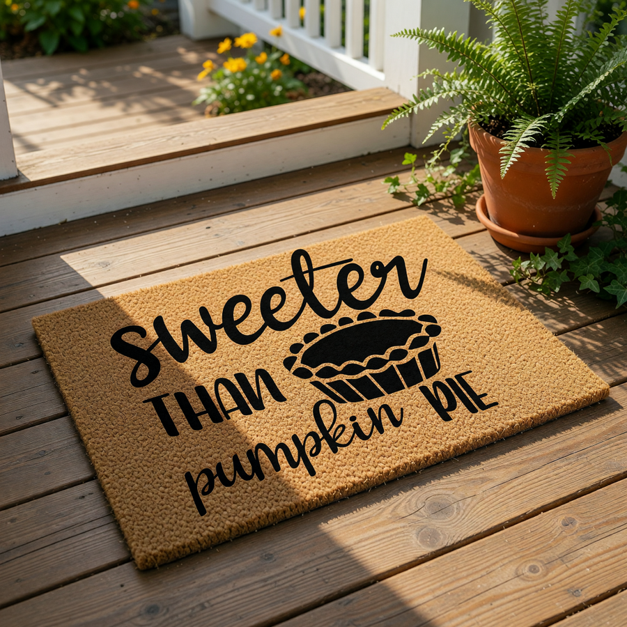 Sweeter Than Pumpkin Pie doormat featuring a festive fall design on natural coir fiber, this autumn welcome mat is a seasonal front porch rug that adds a cozy touch to your home decor for the Thanksgiving holiday and harvest