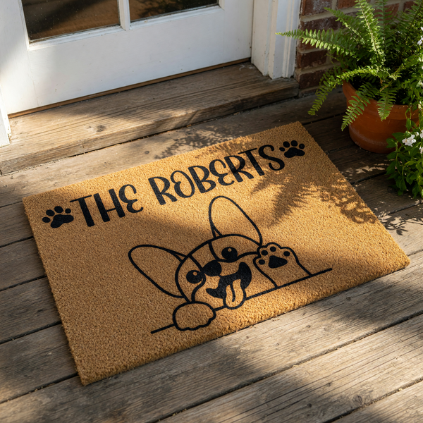 Personalized Corgi doormat featuring a cute dog illustration and custom family name text on natural coir fiber, this durable outdoor welcome mat is a fun housewarming decor piece for any dog lover porch or entryway floor.