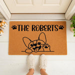 Personalized French Bulldog doormat for dog lovers, featuring a cute puppy illustration and custom family name text on a durable coir welcome mat, perfect for a front porch entryway or home decor gift for pet owners.