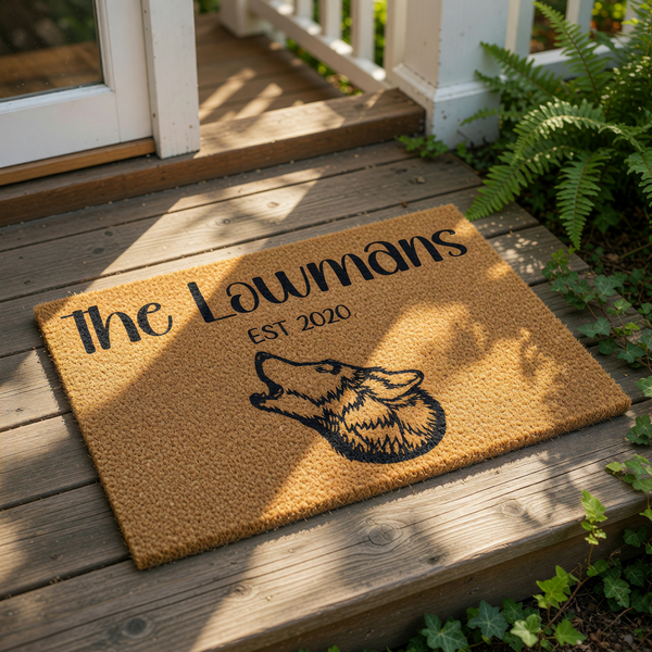 Personalized family name doormat featuring a howling wolf illustration on natural coir fiber, this custom outdoor welcome mat makes a rustic housewarming entry rug for any home entrance or porch decor with a year established
