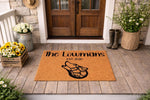Personalized wolf family doormat for front porch, featuring a howling wolf illustration and custom family name text on natural coir fiber.