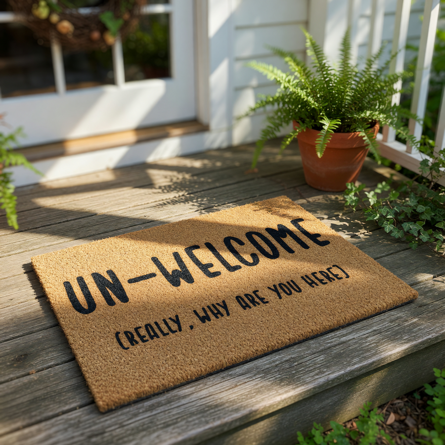 Funny Un-Welcome doormat with a sarcastic message printed on natural coir fiber, this rude front door mat is a humorous housewarming decor piece that serves as a blunt entryway rug for guests and visitors to your home or