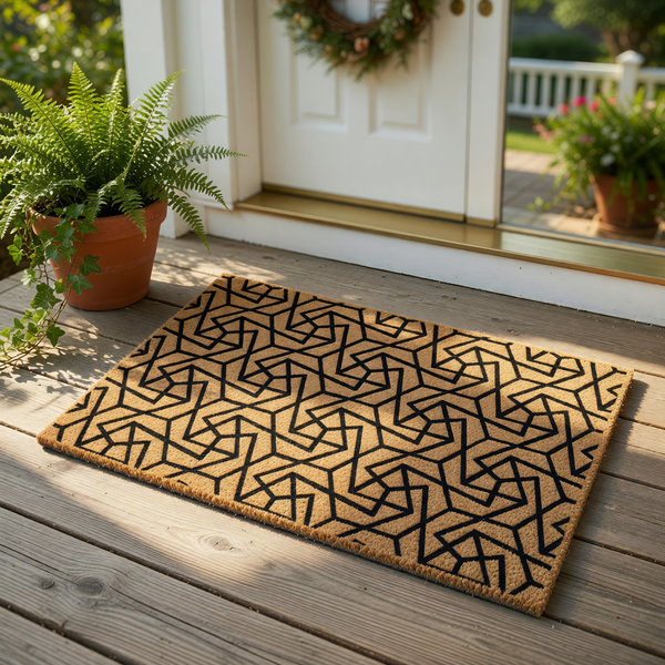 Geometric pattern coir doormat featuring a bold black interlocking line design on a natural tan fiber background, perfect as a modern outdoor welcome mat or entryway rug for a stylish home entrance and porch decor.