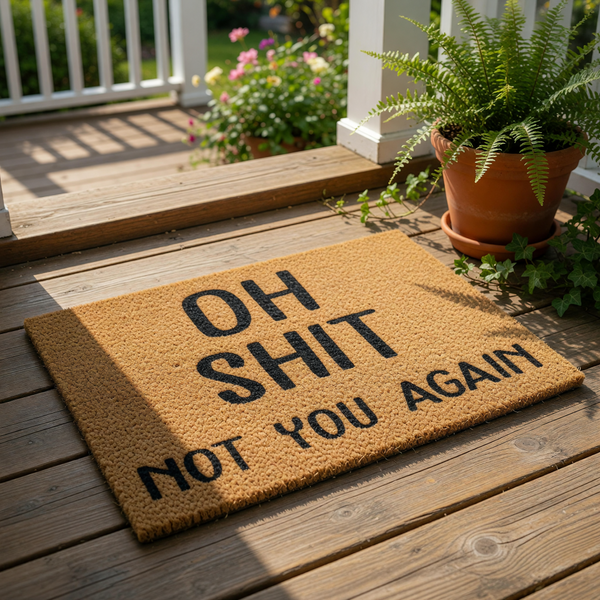 Funny doormat with bold black text reading Oh Shit Not You Again on a natural coir fiber welcome mat, perfect for a sarcastic front porch decor piece or a humorous housewarming gift for friends who love blunt entryway floor mats.