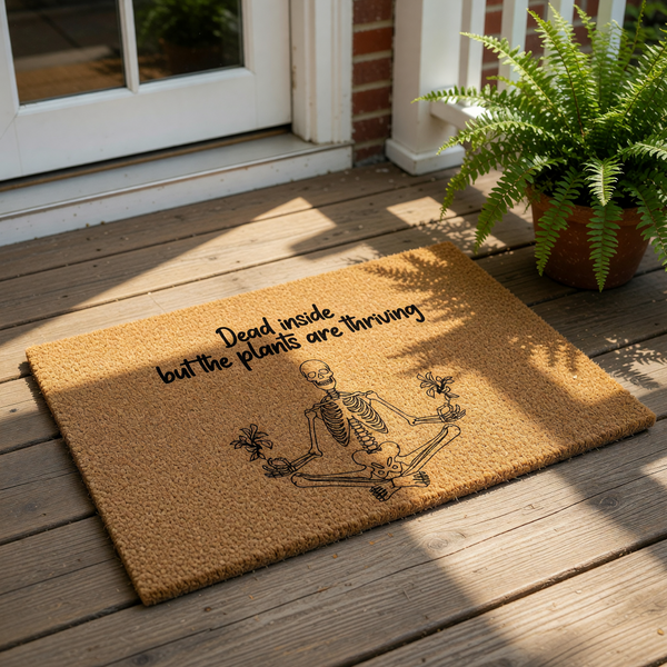 Funny skeleton doormat with the text Dead inside but the plants are thriving, featuring a meditating skeleton illustration on a natural coir fiber welcome mat for a quirky home entrance or front porch decor for plant lovers.