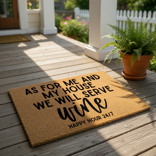 Funny wine doormat with the text As For Me And My House We Will Serve Wine Happy Hour 24/7, featuring a durable coir fiber welcome mat design that is a humorous front porch decor choice for any wine lover or home entryway floor