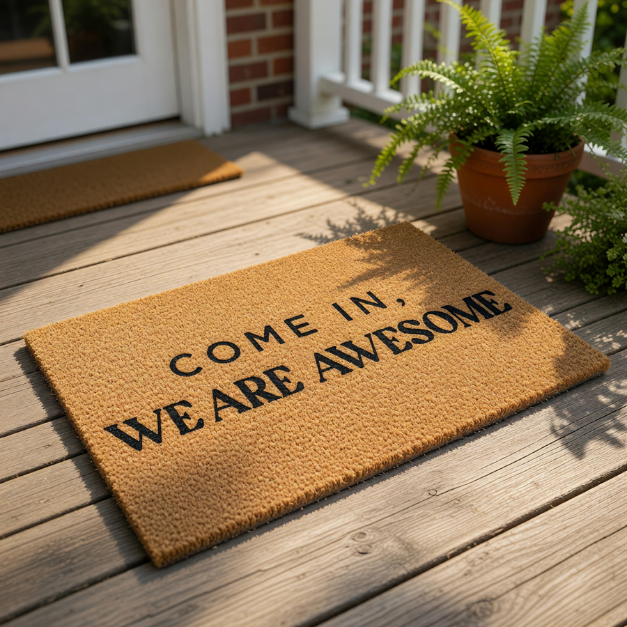 Funny Come In We Are Awesome coir doormat with bold black text on a natural fiber rug, this durable outdoor welcome mat is a humorous front porch decor piece for your home entrance, entryway, or housewarming gift for new