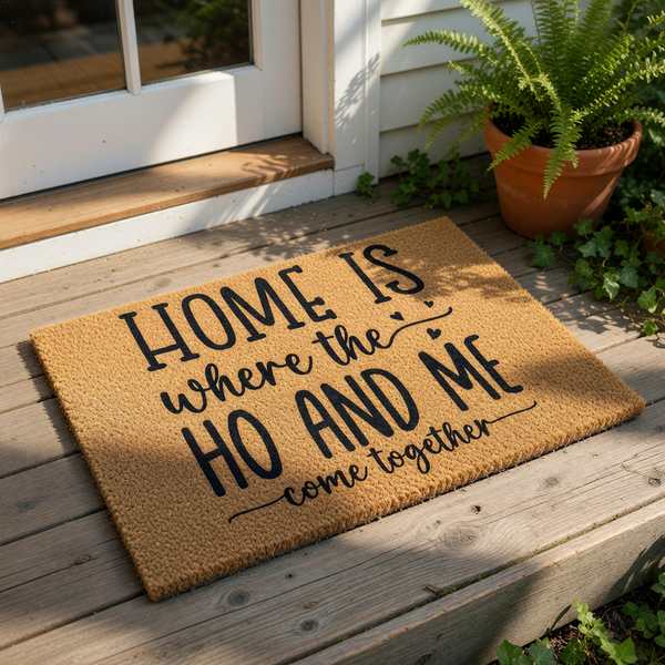 Funny coir doormat with black text reading Home is where the ho and me come together, a cheeky welcome mat for a front porch entrance that adds humorous decor to your home entryway and makes a bold statement for guests at the
