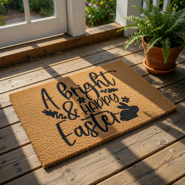 A bright and happy Easter coir doormat featuring a cute bunny silhouette and floral accents, this natural fiber welcome mat is a festive spring porch decor piece for your home entrance during the holiday season.
