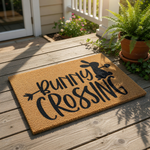 Bunny Crossing coir doormat featuring a cute rabbit silhouette and black typography on a natural fiber welcome mat, perfect for spring porch decor or an outdoor entrance rug for animal lovers and seasonal home entryway styling.