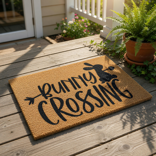 Bunny Crossing coir doormat featuring a cute rabbit silhouette and black typography on a natural fiber welcome mat, perfect for spring porch decor or an outdoor entrance rug for animal lovers and seasonal home entryway styling.