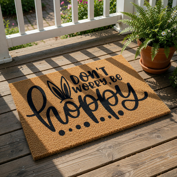 Don't Worry Be Hoppy Easter doormat made of natural coir fiber with black text and bunny ears design, this spring welcome mat is a fun front porch decor piece for your home entry during the holiday season and bunny rabbit lovers.