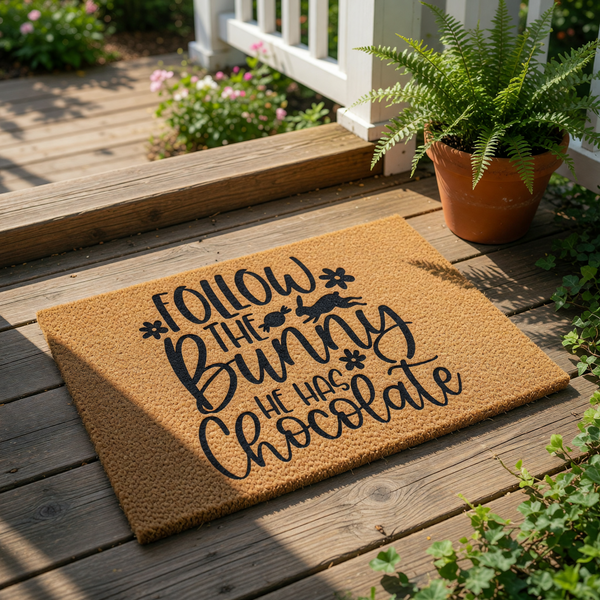 Follow the Bunny He Has Chocolate Easter doormat made of natural coir fiber, featuring a festive spring holiday design with a rabbit silhouette and floral accents for a fun outdoor front porch welcome mat or entryway floor rug.