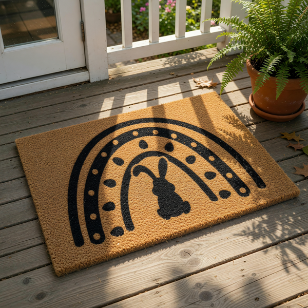 Boho bunny rainbow doormat for spring porch decor, featuring a natural coir welcome mat with a black printed rabbit silhouette inside a modern rainbow arch design, perfect for seasonal outdoor entryway floor mats and home decor.