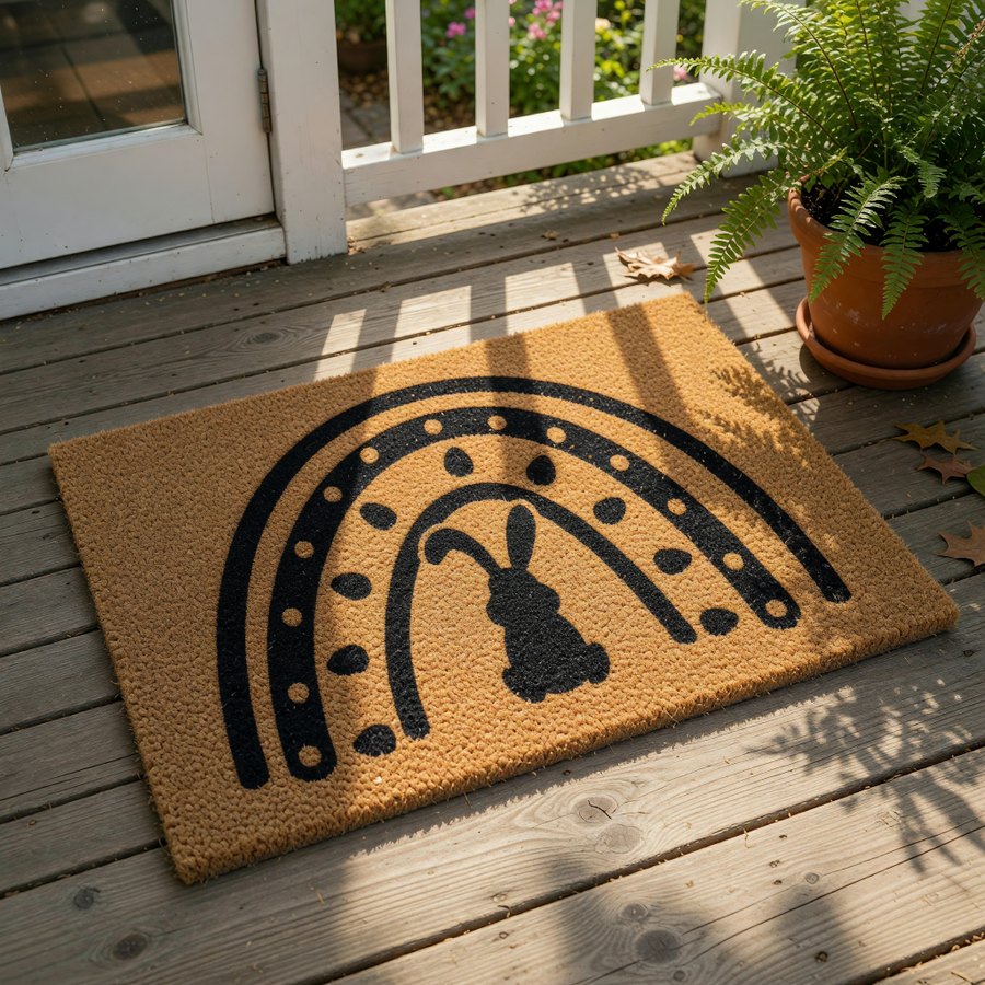 Boho bunny rainbow doormat for spring porch decor, featuring a natural coir welcome mat with a black printed rabbit silhouette inside a modern rainbow arch design, perfect for seasonal outdoor entryway floor mats and home decor.