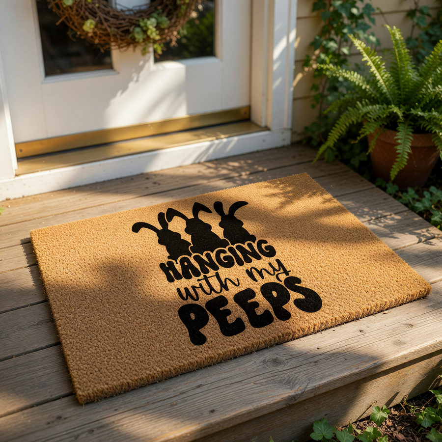 Easter bunny doormat featuring three rabbit silhouettes and the text Hanging with my Peeps, this natural coir welcome mat is a fun spring porch decor piece for your front door entry, adding a festive seasonal look to your home