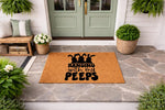 Hanging with my Peeps Easter doormat featuring three black bunny silhouettes on a natural coir welcome mat, perfect for spring porch decor and seasonal entryway floor mats to greet guests with fun holiday humor at your front door.