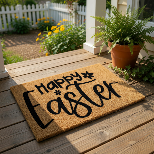 Happy Easter coir doormat featuring black script text on a natural fiber welcome mat, displayed on a front porch wood deck for spring seasonal home decor, perfect for an outdoor entryway or front door entrance floor mat