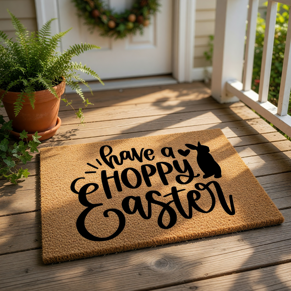 Hoppy Easter doormat featuring a cute bunny silhouette and festive typography on a natural coir fiber welcome mat, perfect for spring porch decor and seasonal entryway floor mats to greet guests during the holiday celebration.