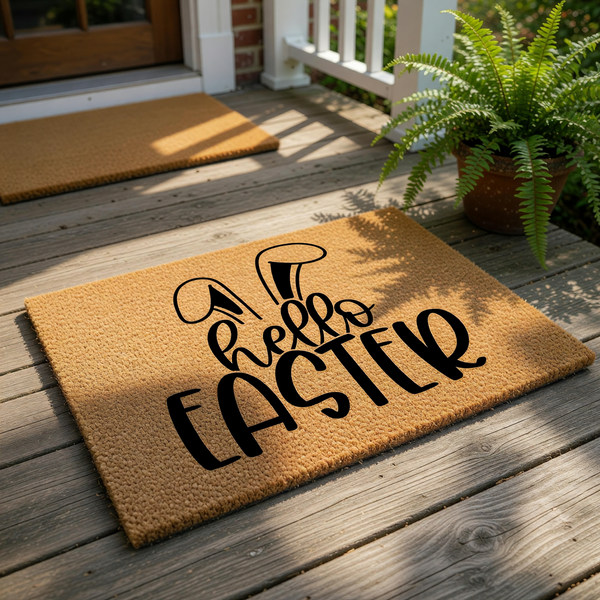 Hello Easter coir doormat featuring black script text and bunny ears on a natural fiber welcome mat, displayed on a front porch for spring holiday home decor, perfect for a seasonal entryway floor rug or outdoor patio entrance.
