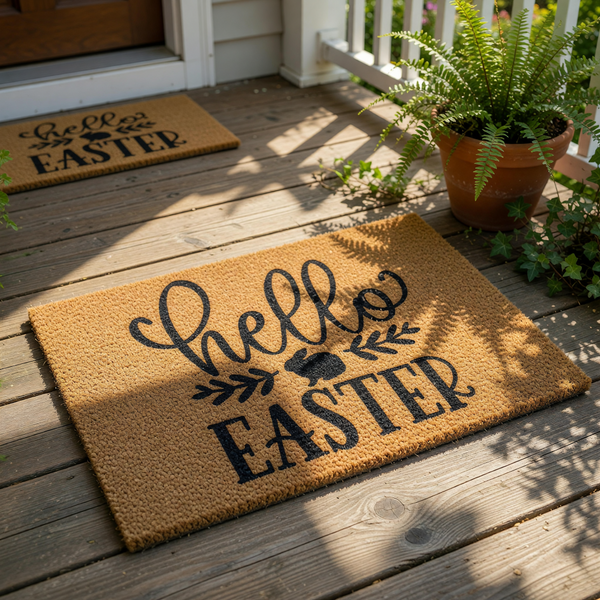 Hello Easter coir doormat with a cute bunny rabbit silhouette and leaf accents, featuring black script and block lettering on a natural brown fiber welcome mat for spring holiday home porch decor and seasonal entryway floor mats.