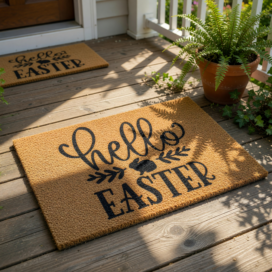 Hello Easter coir doormat with a cute bunny rabbit silhouette and leaf accents, featuring black script and block lettering on a natural brown fiber welcome mat for spring holiday home porch decor and seasonal entryway floor mats.