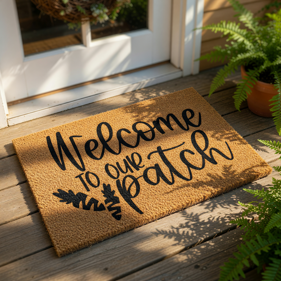 Welcome to our patch coir doormat featuring black script text and carrot graphics, perfect for a farmhouse porch decor entrance.