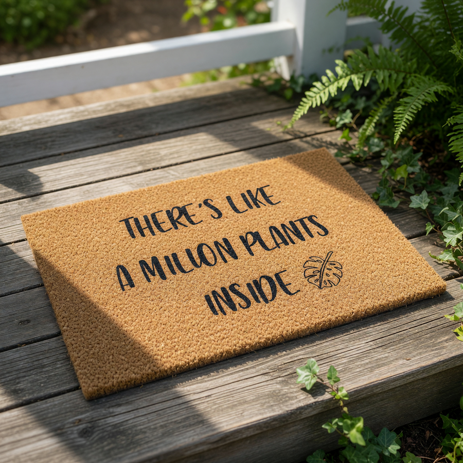 Plant lover doormat with funny quote There is like a million plants inside, featuring a natural coir welcome mat for houseplant enthusiasts, indoor garden decor, and a cute monstera leaf graphic on a durable outdoor entry rug.