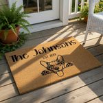 Personalized Corgi doormat featuring a cute dog illustration and custom family name text, this durable coir welcome mat is a fun housewarming decor piece for any pet lover looking for a unique front porch entrance floor rug.