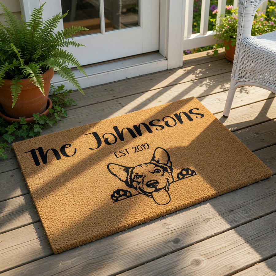 Personalized Corgi doormat featuring a cute dog illustration and custom family name text, this durable coir welcome mat is a fun housewarming decor piece for any pet lover looking for a unique front porch entrance floor rug.