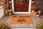 Personalized Corgi dog doormat for front porch, featuring a custom family name and established year on natural coir fiber.