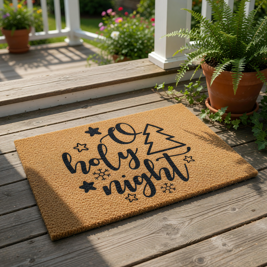 O Holy Night Christmas doormat featuring black text and holiday icons on a natural coir fiber welcome mat, perfect for seasonal front porch decor, winter entryway rugs, and festive home entrance floor mats for the holiday season.
