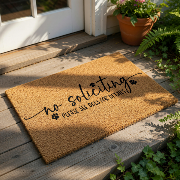 No soliciting dog doormat with funny paw print design, this natural coir fiber welcome mat features black text reading no soliciting please see dogs for details, a humorous front porch decor piece for pet lovers and home security.