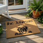 Personalized Mastiff dog doormat featuring a custom family name and established year on durable coir fiber, making this custom pet welcome mat a charming front porch decor piece for any dog lover home entrance or housewarming