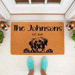 Personalized Mastiff dog doormat featuring a custom family name and established year on natural coir fiber, creating a stylish front porch welcome mat for dog lovers that adds a decorative touch to any home entryway or front door