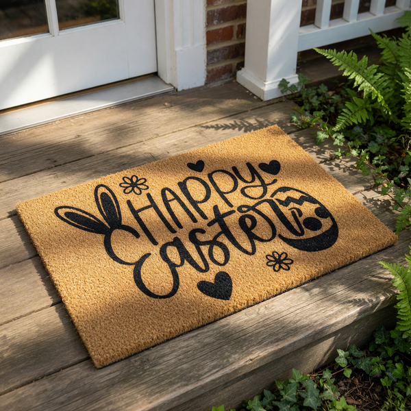 Happy Easter coir doormat featuring black script text, bunny ears, and heart accents on a natural fiber welcome mat, displayed on a front porch for seasonal spring home decor and outdoor entryway floor mat decoration.