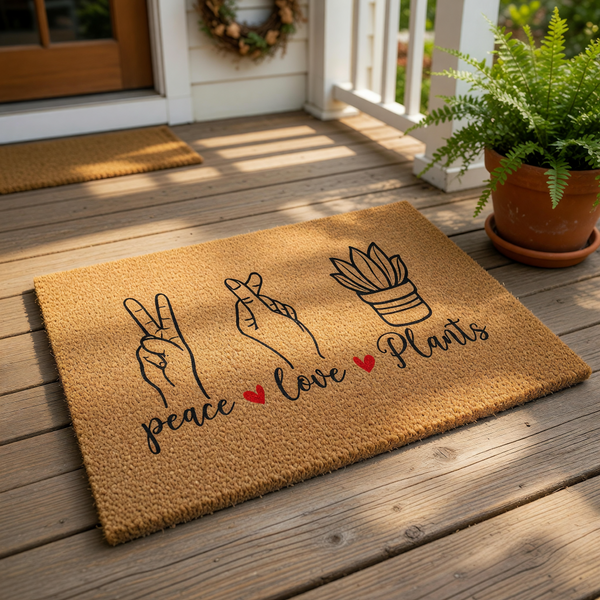 Peace Love Plants doormat featuring a natural coir welcome mat with black line art of hand gestures and a potted succulent, perfect for a housewarming entry rug or a fun outdoor porch decor piece for any plant lover home.