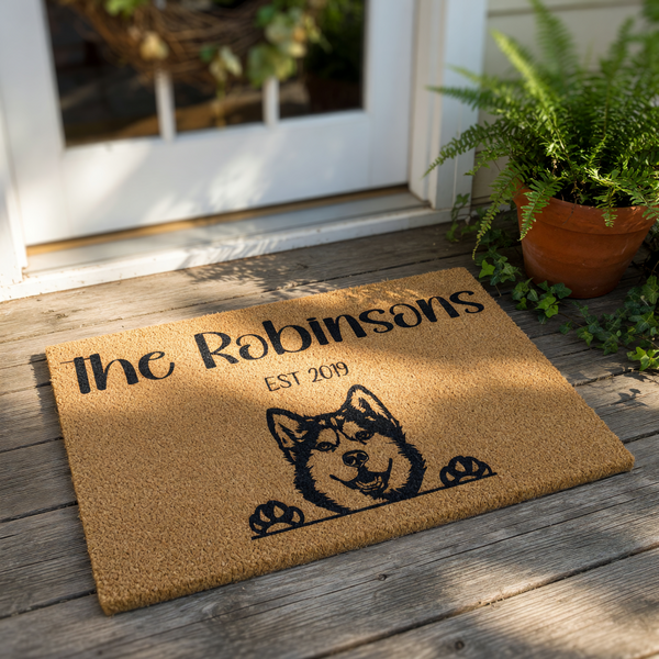 Personalized Husky dog doormat featuring a custom family name and established year on natural coir fiber, making this a durable outdoor welcome mat for pet lovers and a unique housewarming gift for any dog owner home entrance.